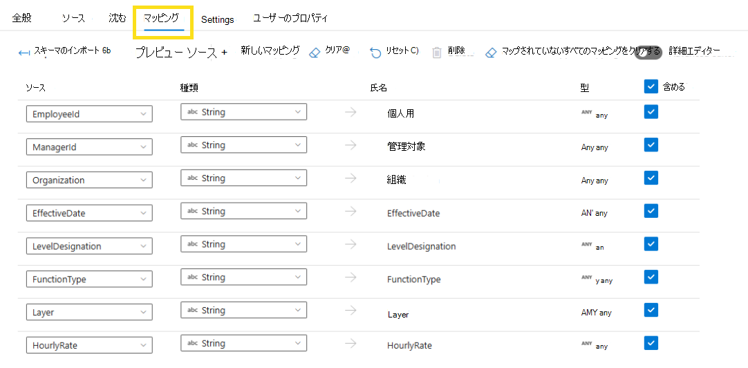 マッピングのアクティビティ設定を入力する方法を示すスクリーンショット。