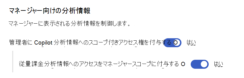 Copilot の分析情報とコンサンプションの分析情報へのアクセスを有効にする方法を示すスクリーンショット。