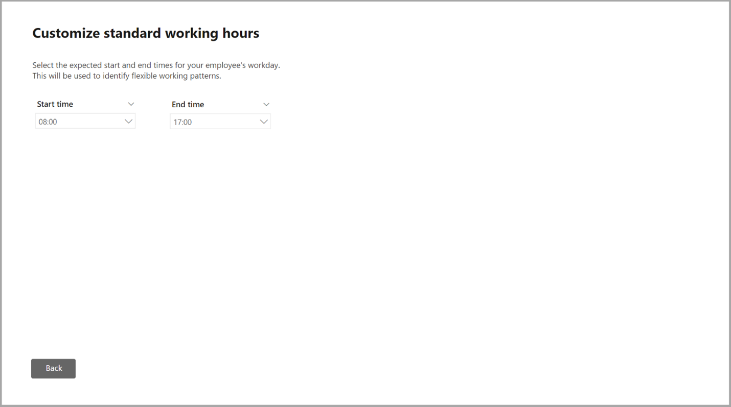 Wellbeing レポートの [標準作業時間のカスタマイズ] ページを示すスクリーンショット。