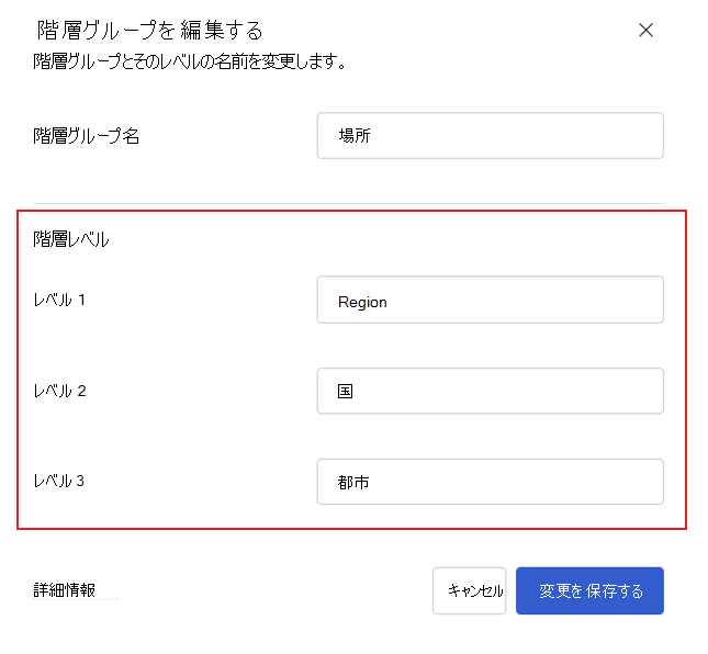 階層レベル名を編集するための Viva Glint ダイアログのスクリーンショット。