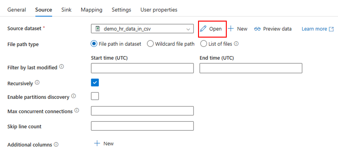 ソース データセットを開く方法を示すスクリーンショット。