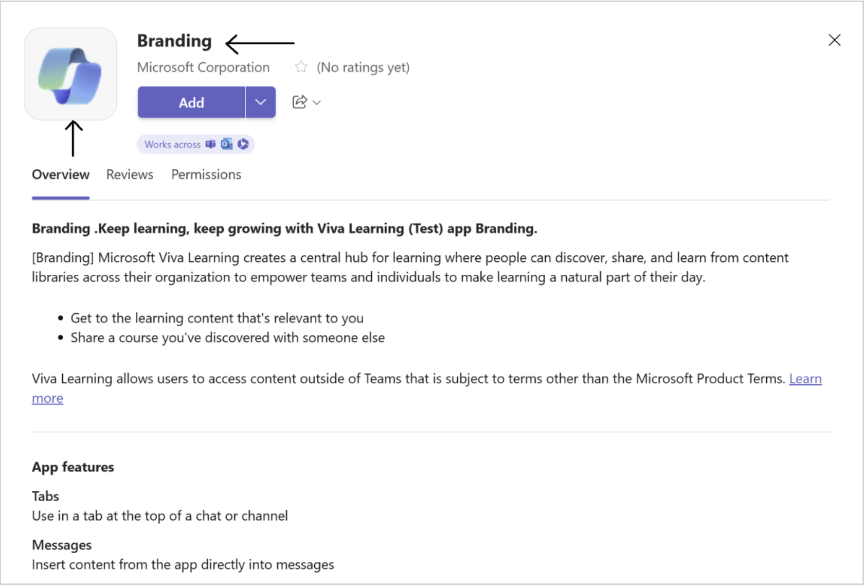 名前とアイコンなど、選択したブランドを含むアプリ ストア内のViva Learning アプリのスクリーンショット。