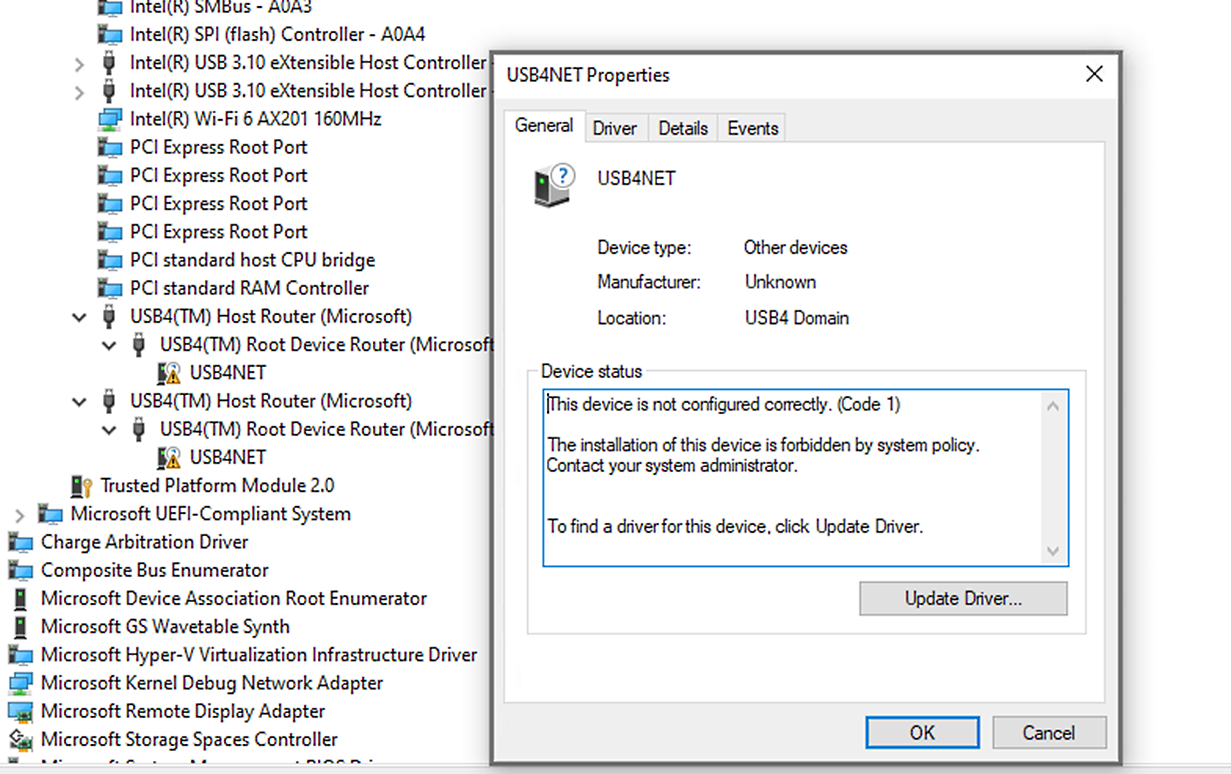Screenshot showing USB4 net properties.