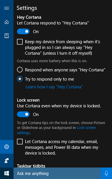 ハードウェア キーワード スポッターとウェイク オン ボイス機能の Cortana デスクトップ設定のスクリーンショット。