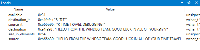 Screenshot of WinDbg Preview locals window.