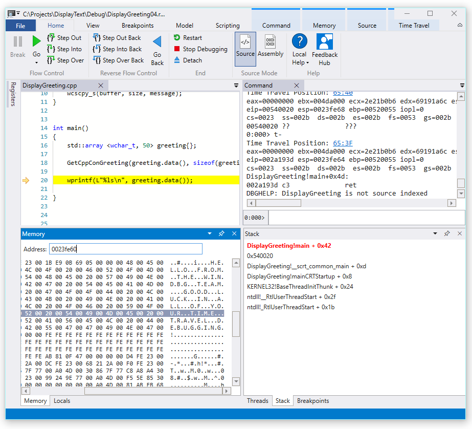 メモリ ASCII 出力と [ソース コード] ウィンドウが表示されている WinDbg プレビューのスクリーンショット。