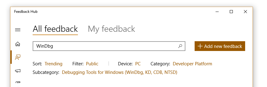 Screen shot of feedback hub showing feedback options including the add new feedback button.