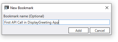 Display Greeting アプリでの最初の API 呼び出しの名前の例を含む新しいブックマーク ダイアログのスクリーンショット。