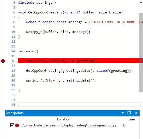 std::array にブレークポイントが設定されている WinDbg の [ソース] ウィンドウのスクリーンショット。