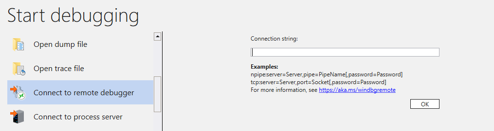 [デバッグの開始] ウィンドウと [リモート デバッガーへの接続] ダイアログのスクリーンショット。空の接続フィールドがあります。