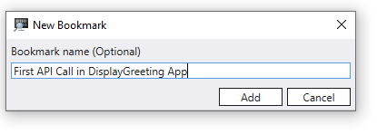 Display Greeting アプリの最初の API 呼び出しの名前の例を示す新しいブックマーク ダイアログ。