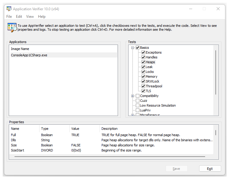 Screenshot of Application Verifier displaying properties for the Heaps test.