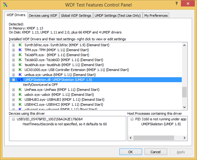 Screenshot of WDF Drivers tab in WDF Verifier application.