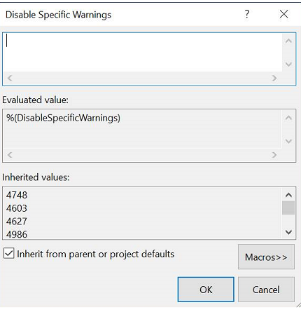 Screenshot of the dialog box for disabling specific warnings in Visual Studio 2019.