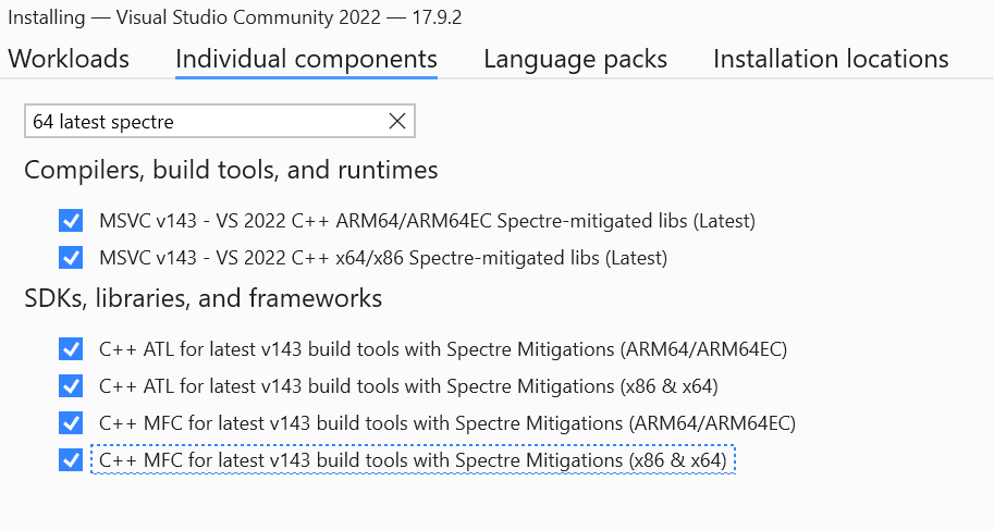 Image showing the six components listed above with checkboxes set