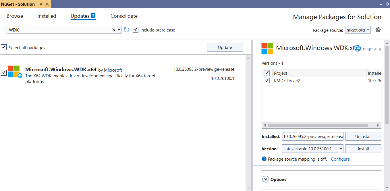 Visual Studio NuGet パッケージを WDK パッケージと WDK パッケージで更新する様子を示すスクリーンショット