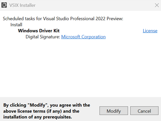 Windows Driver Kit Visual Studio 拡張機能 (VSIX) のインストール ダイアログのスクリーンショット