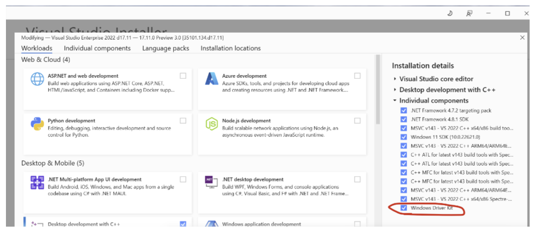 Visual Studio WDK の個々のコンポーネントが選択されているスクリーンショット。