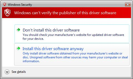 screen shot showing the windows security warning dialog.