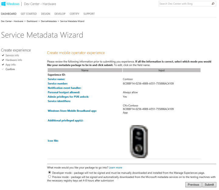 Screenshot of the Confirm step in the Service Metadata Wizard.