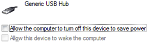 Windows デバイス マネージャーの汎用 USB ハブの [電源管理] タブのスクリーンショット。