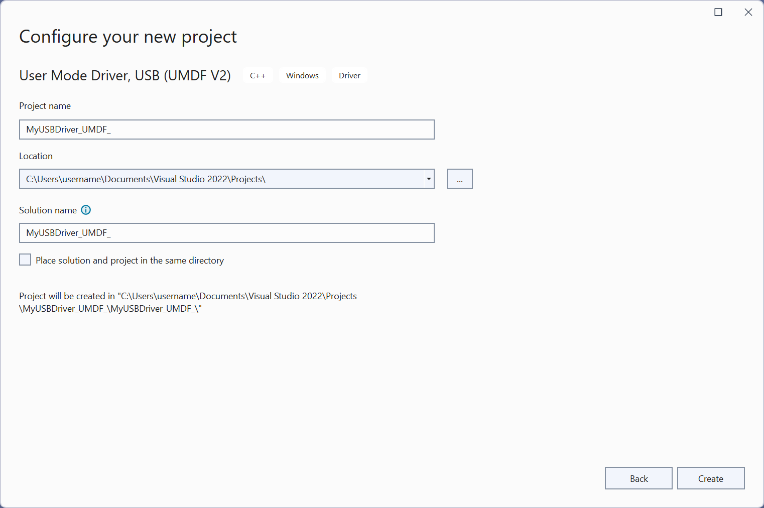 Screenshot of the Visual Studio create project configuration screen.