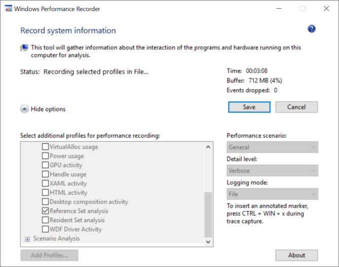 アクティブな記録を示す Windows パフォーマンス レコーダー (WPR) のダイアログ ボックス。