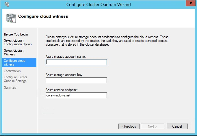 クラスター クォーラム ウィザードの [Cloud Witness configuration](クラウド監視の構成) ペインのスナップショット