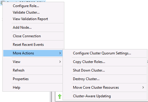 Screenshot of the Failover Cluster Manager showing the More Actions > Copy Cluster option.