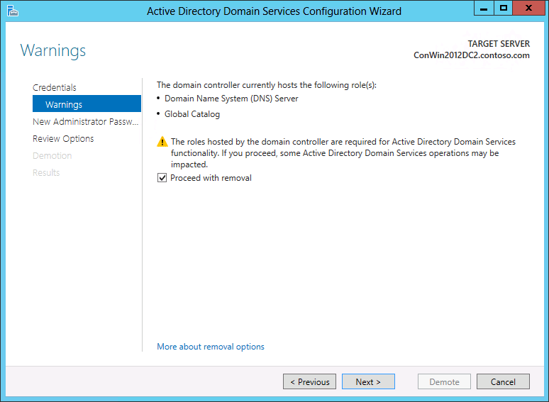 Screenshot of the Warnings page of the Active Directory Domain Services Configuration Wizard.