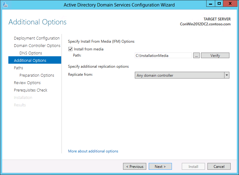 Screenshot of the Additional Options page of the Active Directory Domain Services Configuration Wizard showing the options that appear if you install an additional domain controller in an existing domain.