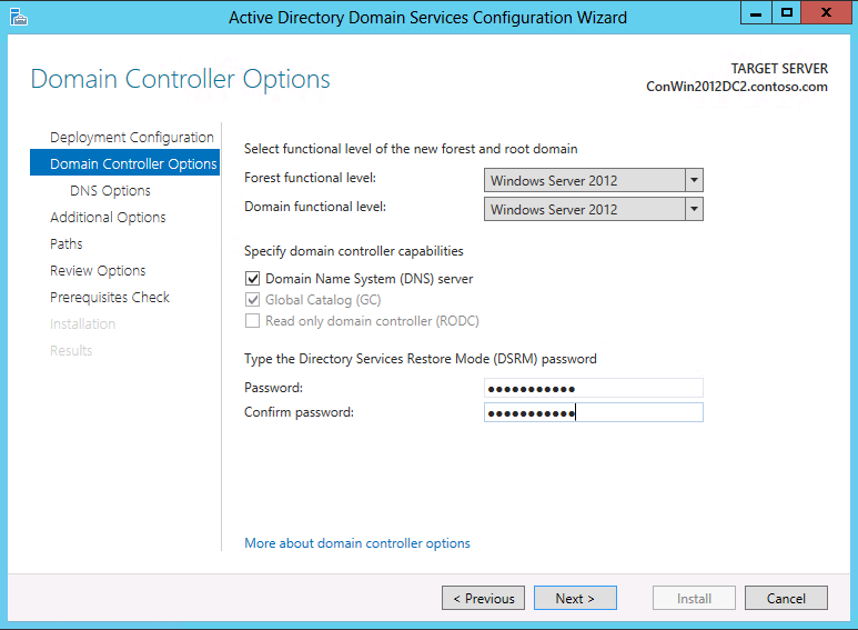 Screenshot of the Domain Controller Options page of the Active Directory Domain Services Configuration Wizard showing the options that appear when you create a new forest.