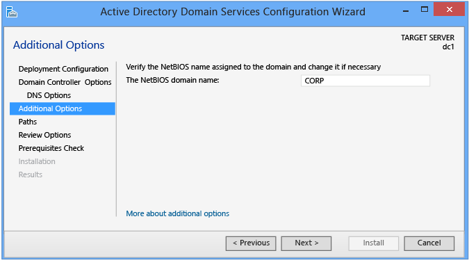 Screenshot that shows the Additional Options page in the Active Directory Domain Services Configuration Wizard.