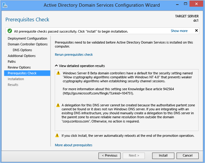 Screenshot that shows the Prerequisite Check page in the Active Directory Domain Services Configuration Wizard.