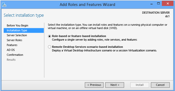 Screenshot that shows the Installation Type page in teh Add Roles and Features Wizard.