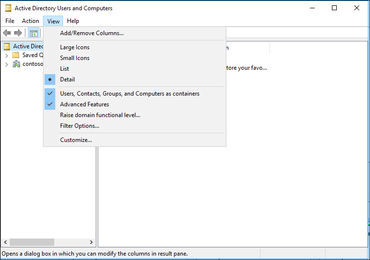 Screenshot that shows the Advanced Features option and Users, Contacts, Groups, and Computers option selected.