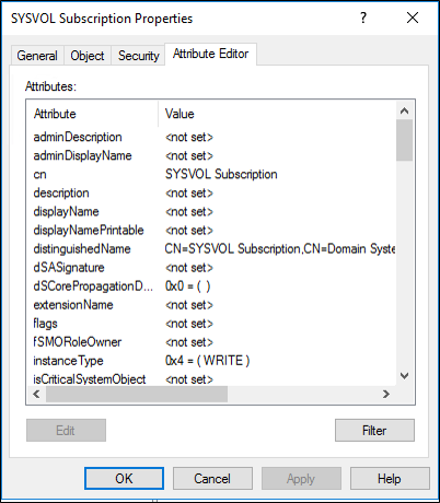 Screenshot that shows the Attribute Editor tab in the SYSVOL Subscriptions Properties dialog box.
