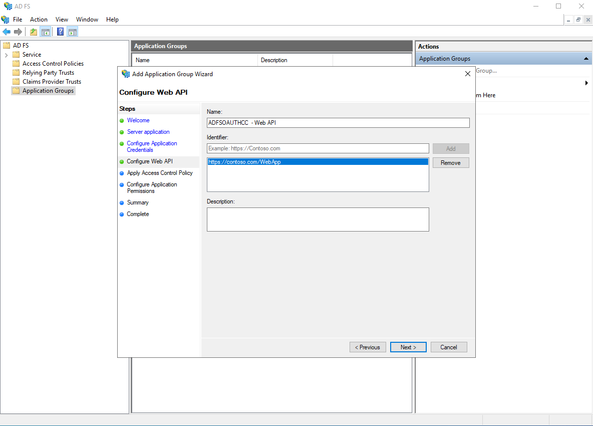 Screenshot that shows the Configure Web A P I page.