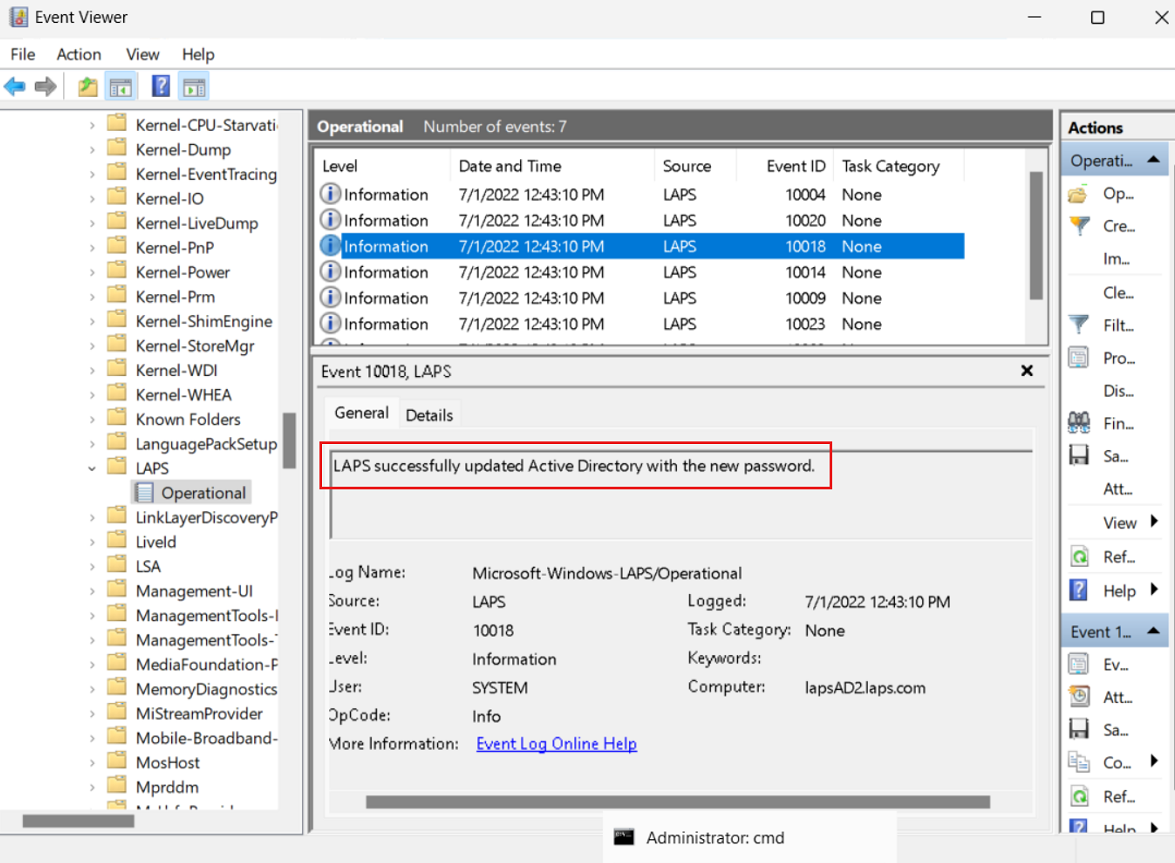 Windows Server Active Directory パスワードの更新が正常に完了したイベント ログ メッセージを示すイベント ログのスクリーンショット。