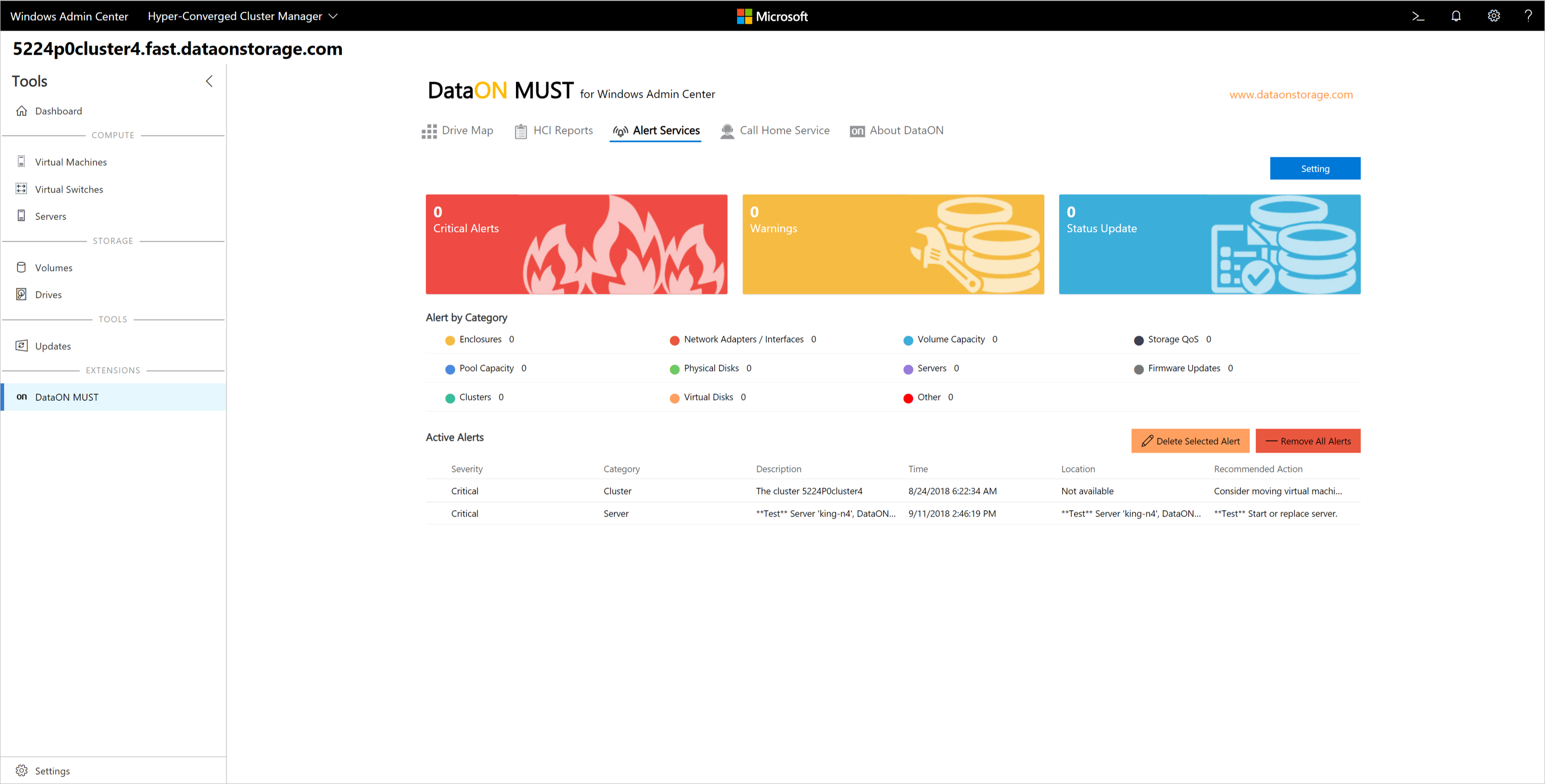 Screenshot of the Windows Admin Center showing the Alert Services in the DataON MUST extension.