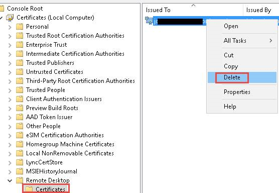 Remote Desktop certificates in the MMC Certificates snap-in.