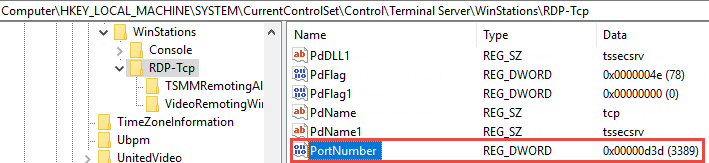 RDP プロトコルの PortNumber サブキー。