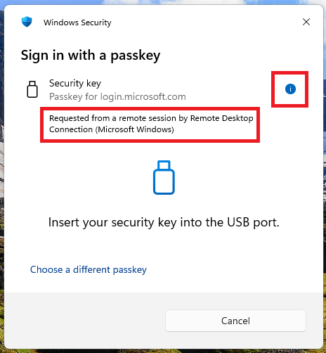 「リモート デスクトップ 接続 (Microsoft Windows)によってリモート セッションから要求されました」というメッセージが表示された認証プロンプトのスクリーンショット