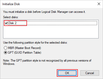 Screenshot that shows the Initialize Disk dialog box with the GPT partition style selected.