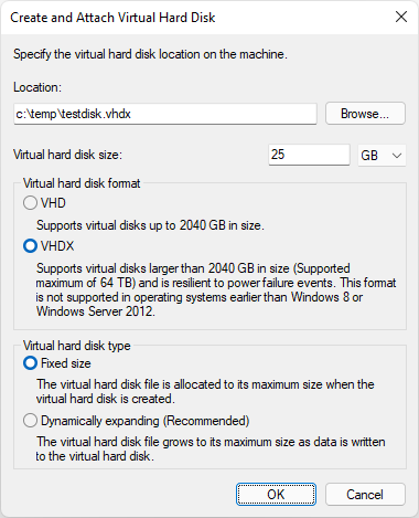 Windows Hyper-V の仮想ハード ディスクの作成とアタッチを示すスクリーンショット。
