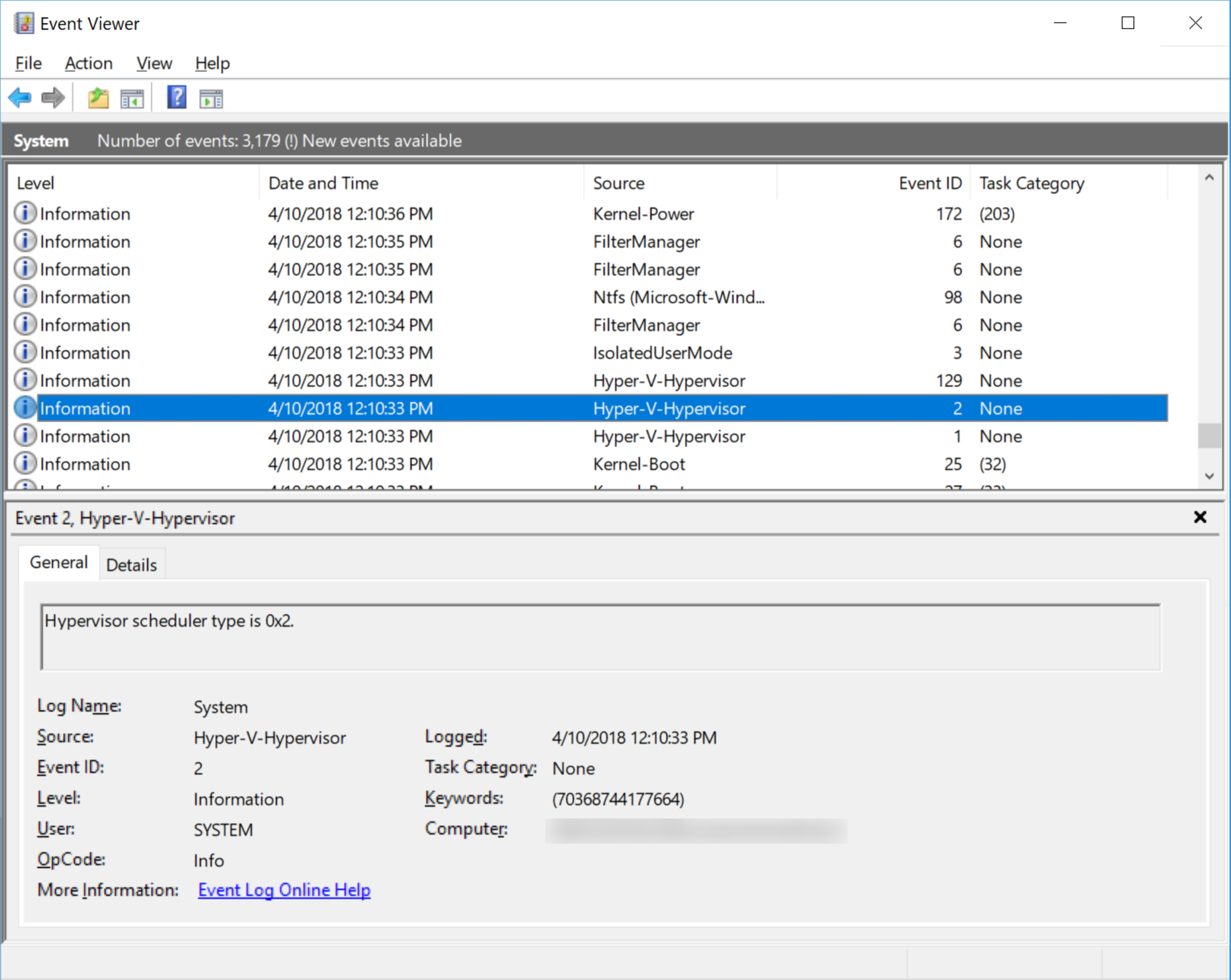 A screenshot of the Event Viewer window. The user has selected Hyper-V Hypervisor launch event ID 2 from the list of events, highlighting it in dark blue.