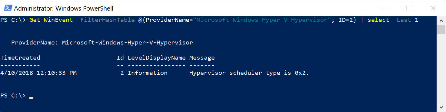 A screenshot of a query for hypervisor launch event ID 2. The results say hypervisor scheduler type is 0x2.
