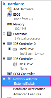 Screenshot of virtual machine settings with network adapter selected