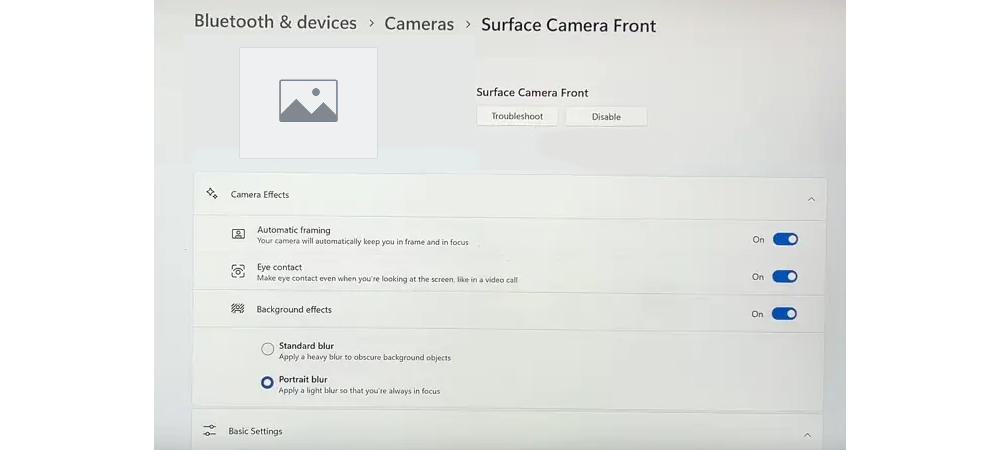 Windows Studio Effects Camera Settings screenshot