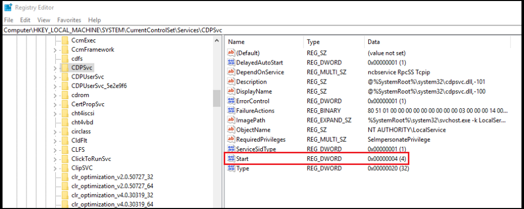 [レジストリ] エディター HKEY_LOCAL_MACHINE\System\CurrentControlSet\Services\CDPSvc 開き、[開始] の値が 4 に設定されていることを示すスクリーンショット。